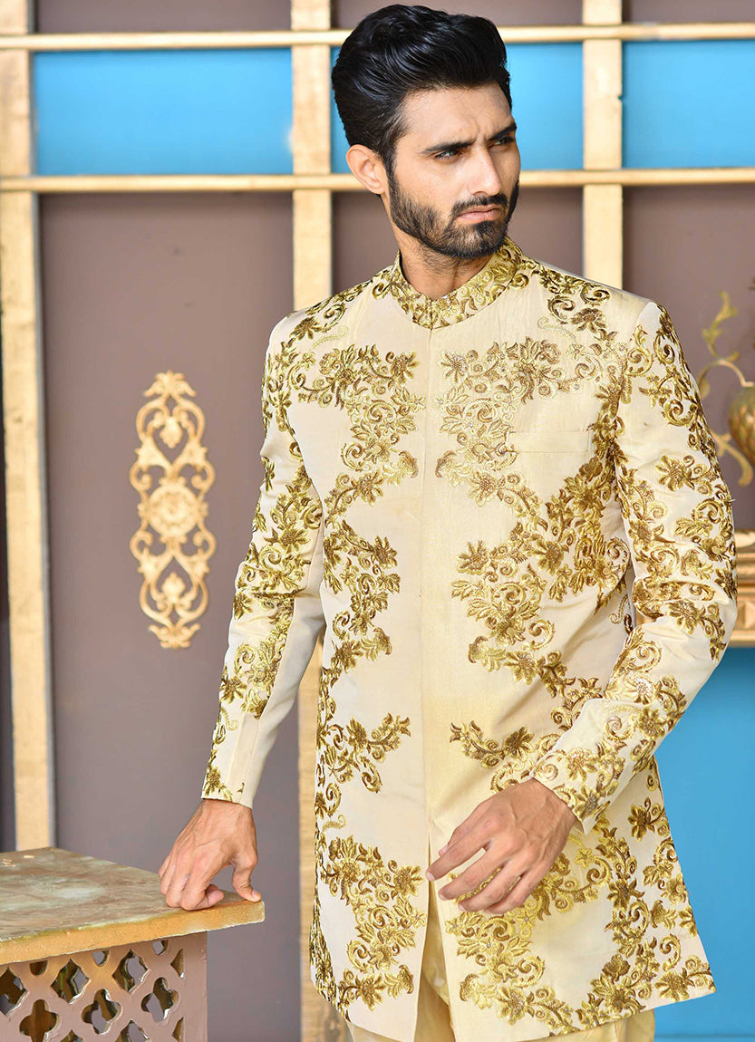 Gold Copper Embroidered Silk-Blend Achkan Sherwani (2-Piece) - Image 3