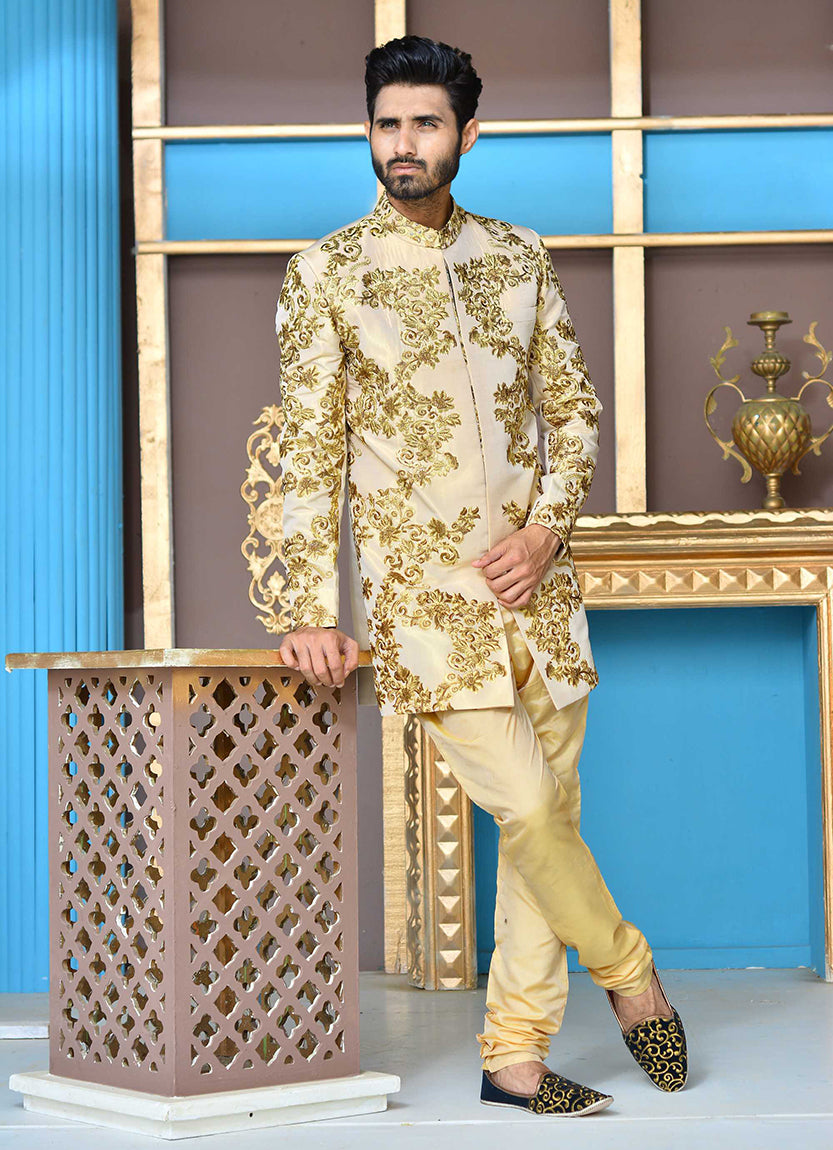 Gold Copper Embroidered Silk-Blend Achkan Sherwani (2-Piece) - Image 4