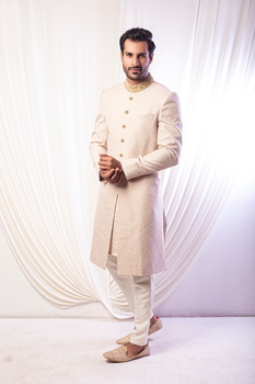 Gold Embroidered Silk-Blend Achkan Sherwani (3-Piece) - Image 1