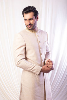 Gold Embroidered Silk-Blend Achkan Sherwani (3-Piece) - Image 2