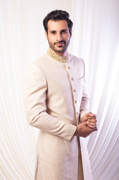 Gold Embroidered Silk-Blend Achkan Sherwani (3-Piece) - Image 3
