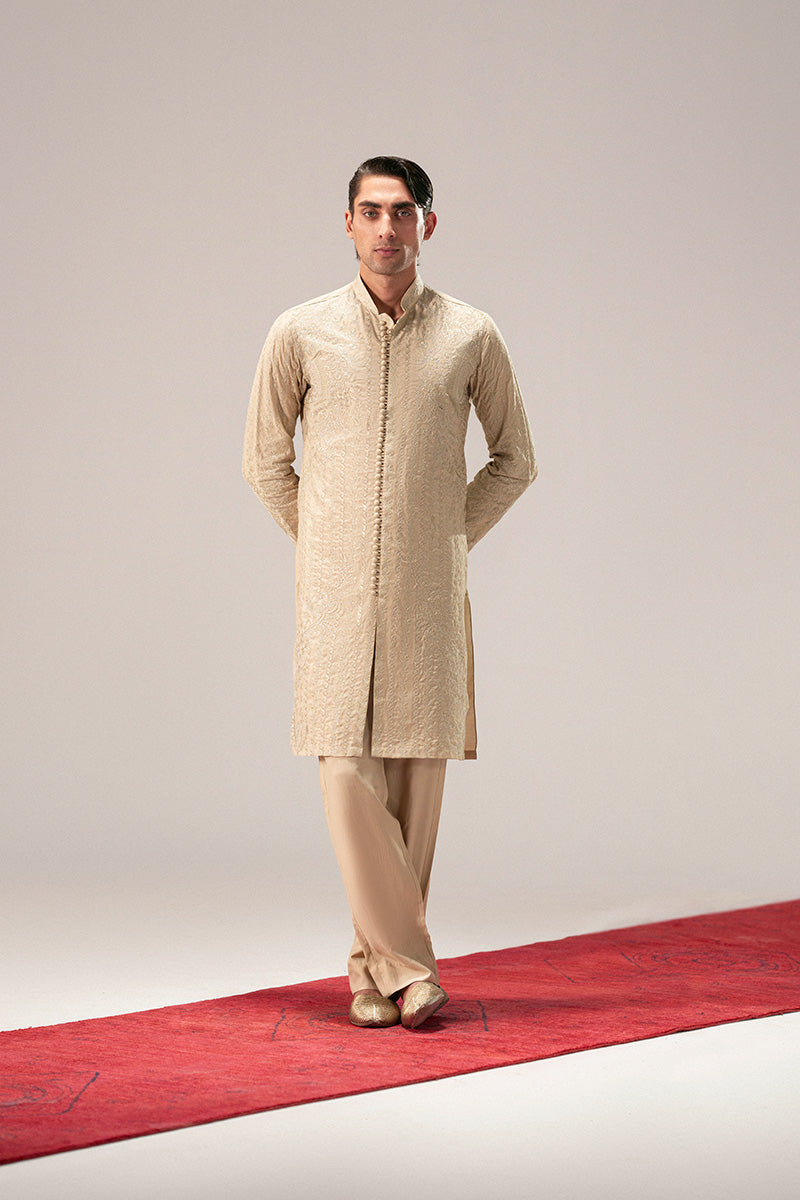Gold Resham Embroidered Silk Blend Sherwani-Kurta (2-Piece) - Image 1