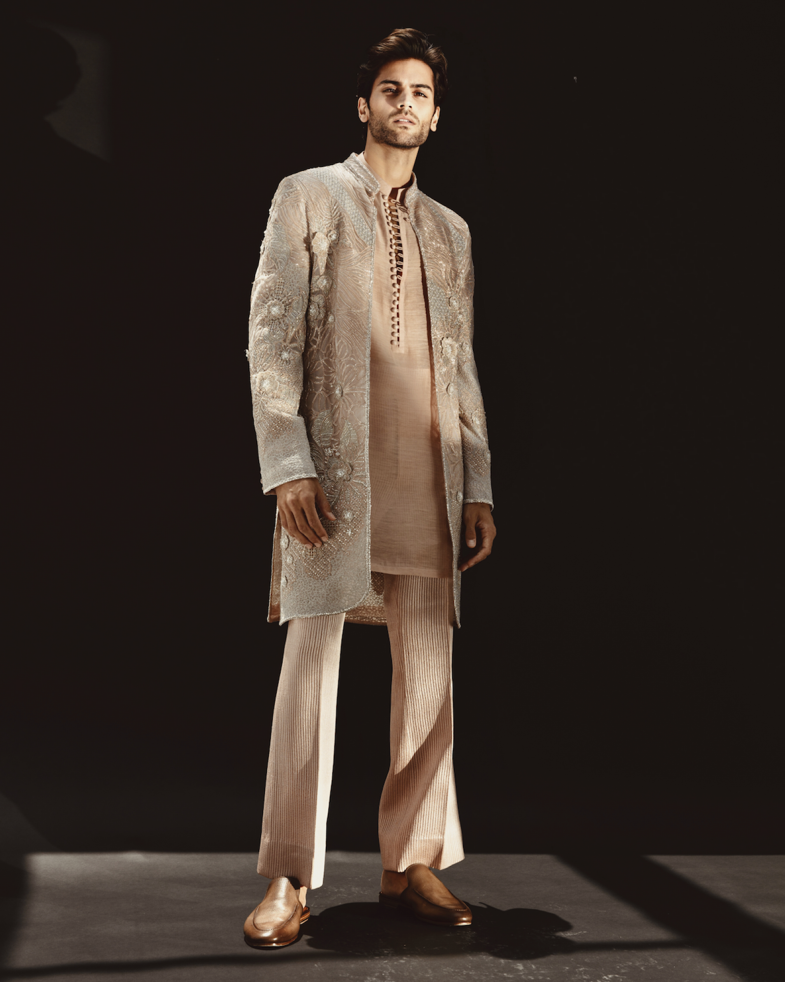 Champagne Embroidered Silk-Blend Achkan Sherwani (3-Piece) - Image 1