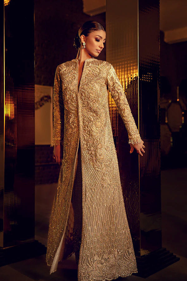 Gold Resham Zardozi Silk-Blend Achkan Jacket (2-Piece) - Image 1