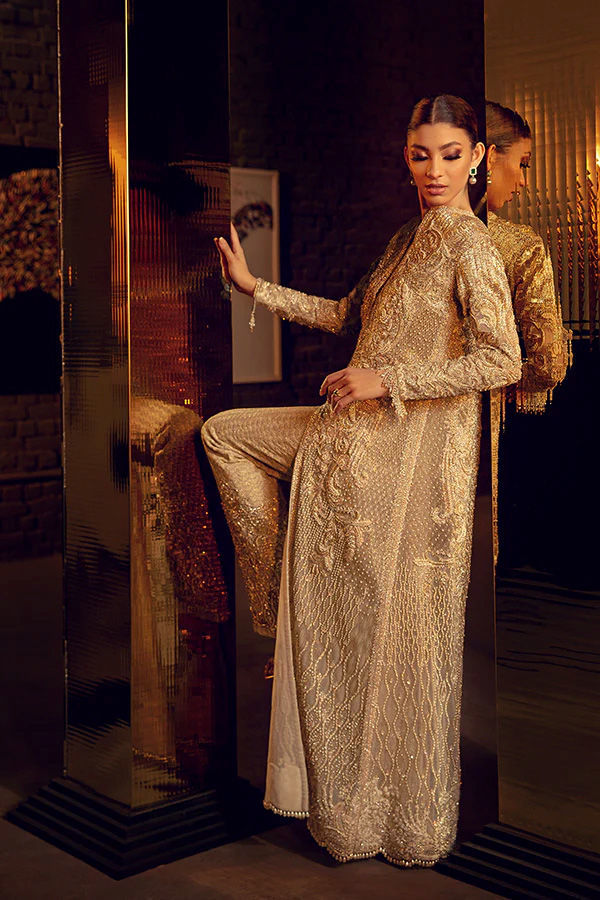 Gold Resham Zardozi Silk-Blend Achkan Jacket (2-Piece) - Image 2