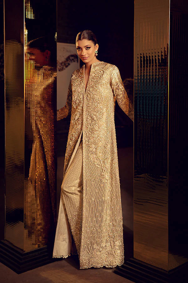 Gold Resham Zardozi Silk-Blend Achkan Jacket (2-Piece) - Image 3