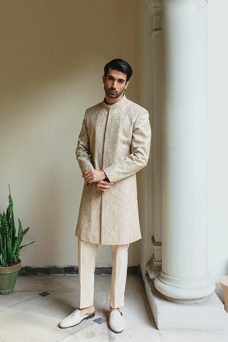 Champagne Gold Self-Damask Silk-Blend Sherwani (2-Piece) - Image 1