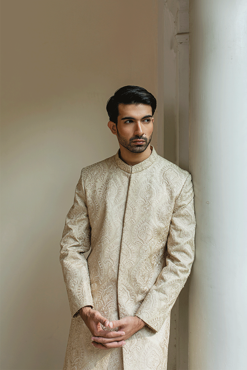 Champagne Gold Self-Damask Silk-Blend Sherwani (2-Piece) - Image 2