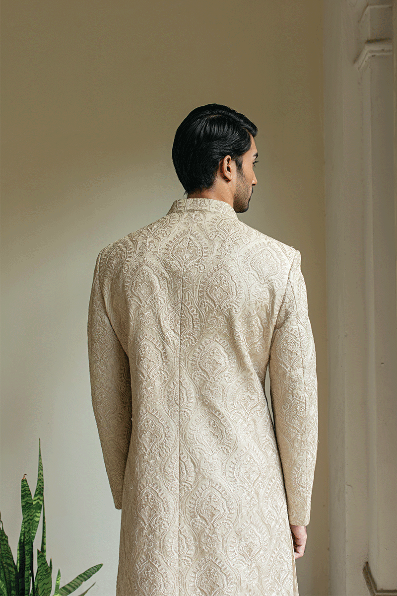 Champagne Gold Self-Damask Silk-Blend Sherwani (2-Piece) - Image 3