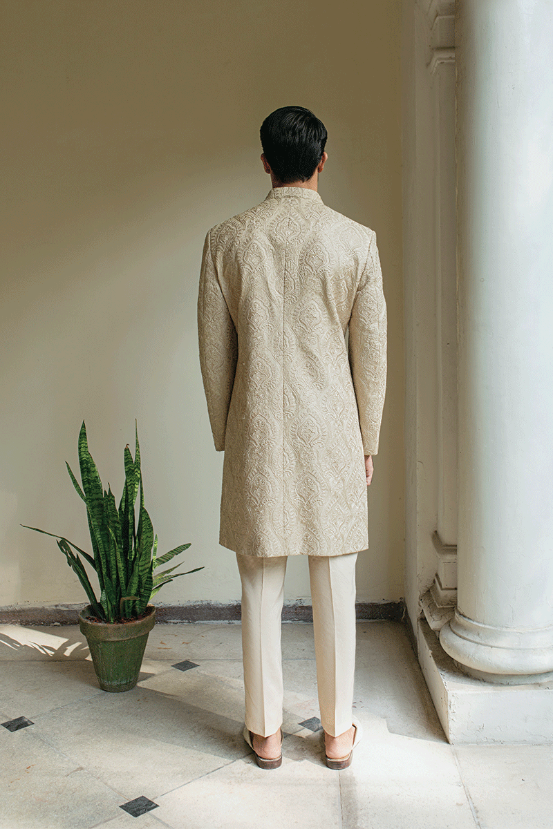 Champagne Gold Self-Damask Silk-Blend Sherwani (2-Piece) - Image 4