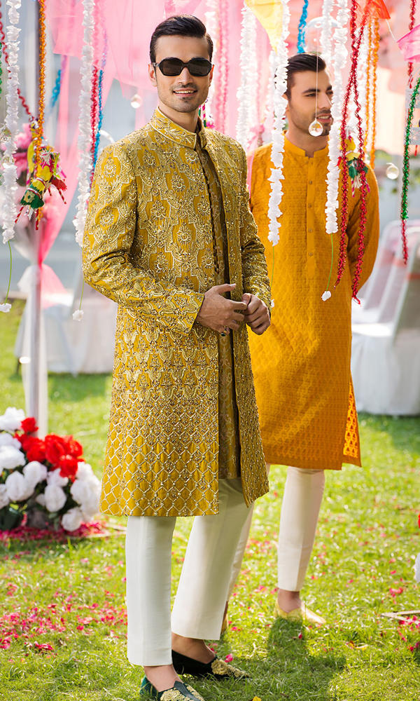 Ochre Embroidered Silk Achkan Sherwani (3-Piece) - Image 2