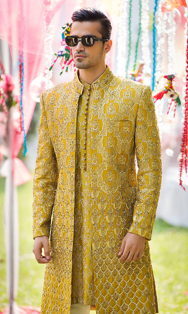 Ochre Embroidered Silk Achkan Sherwani (3-Piece) - Image 3