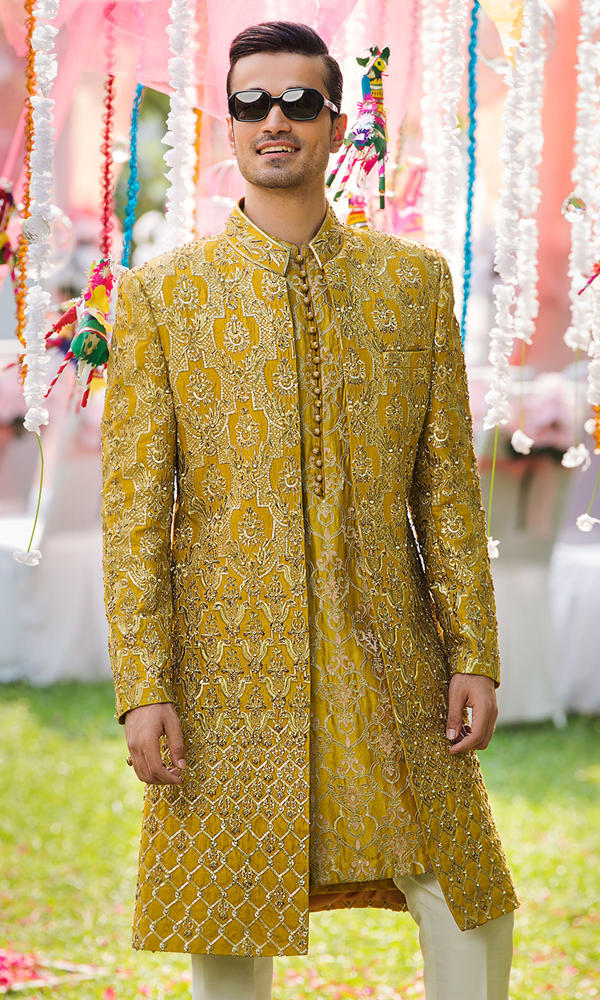 Ochre Embroidered Silk Achkan Sherwani (3-Piece) - Image 4