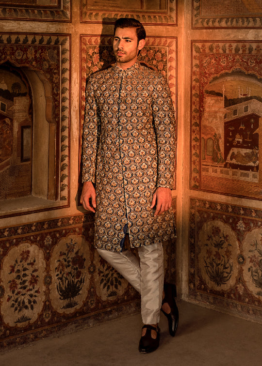 Gold Navy Damask Sherwani with Sovoski Cutdana (3-Piece) - Image 1