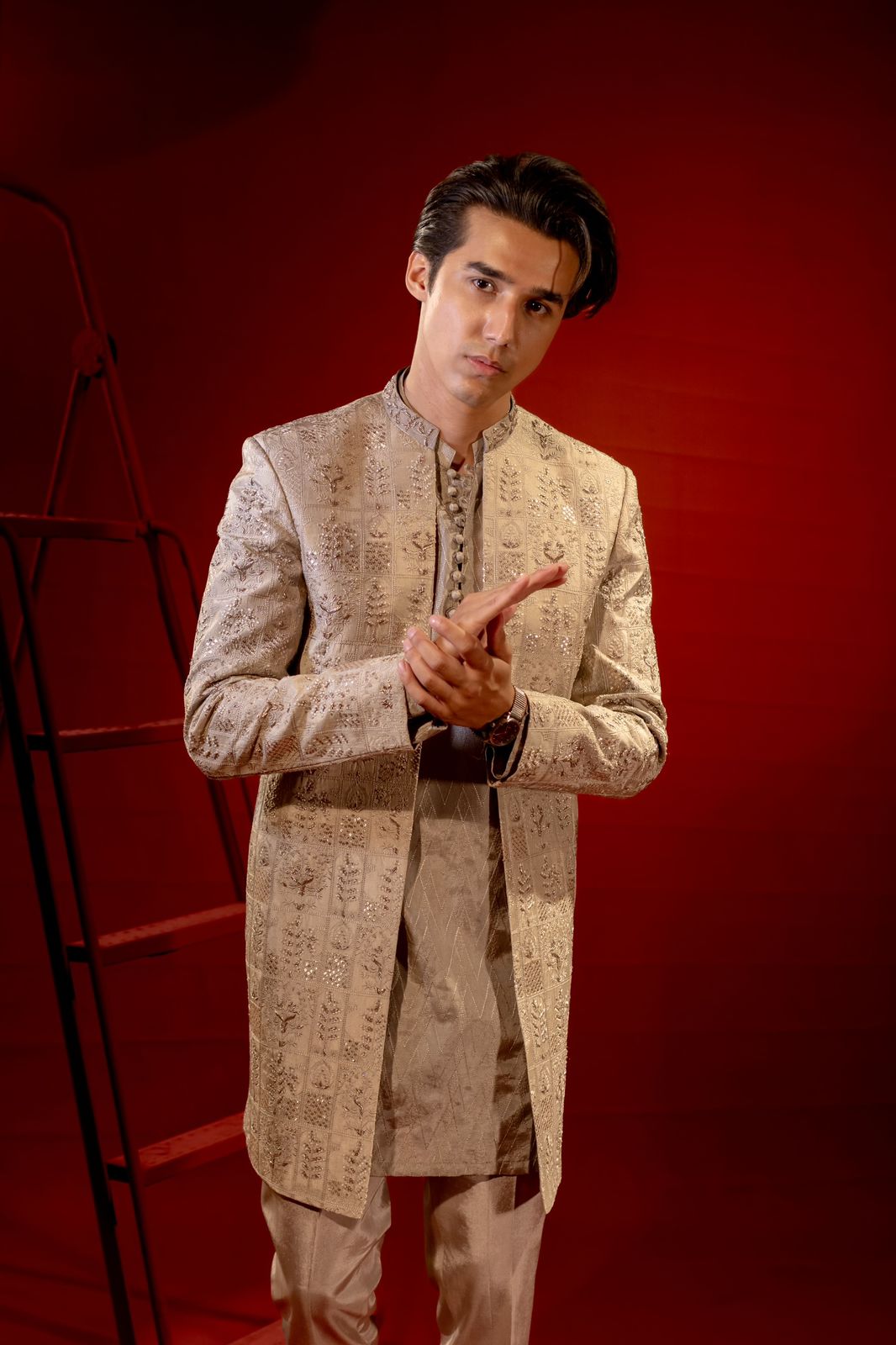 Light Copper Embroidered Silk Achkan Sherwani (3-Piece) - Image 1