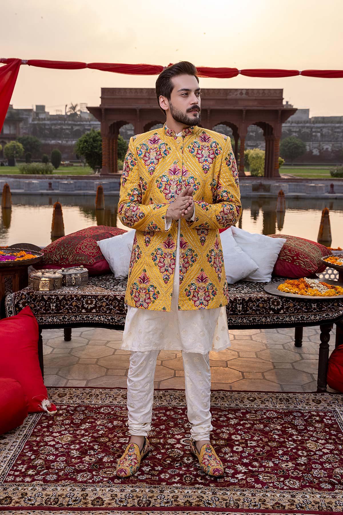Mustard Tilla Resham Silk Short Sherwani (2-Piece) - Image 1