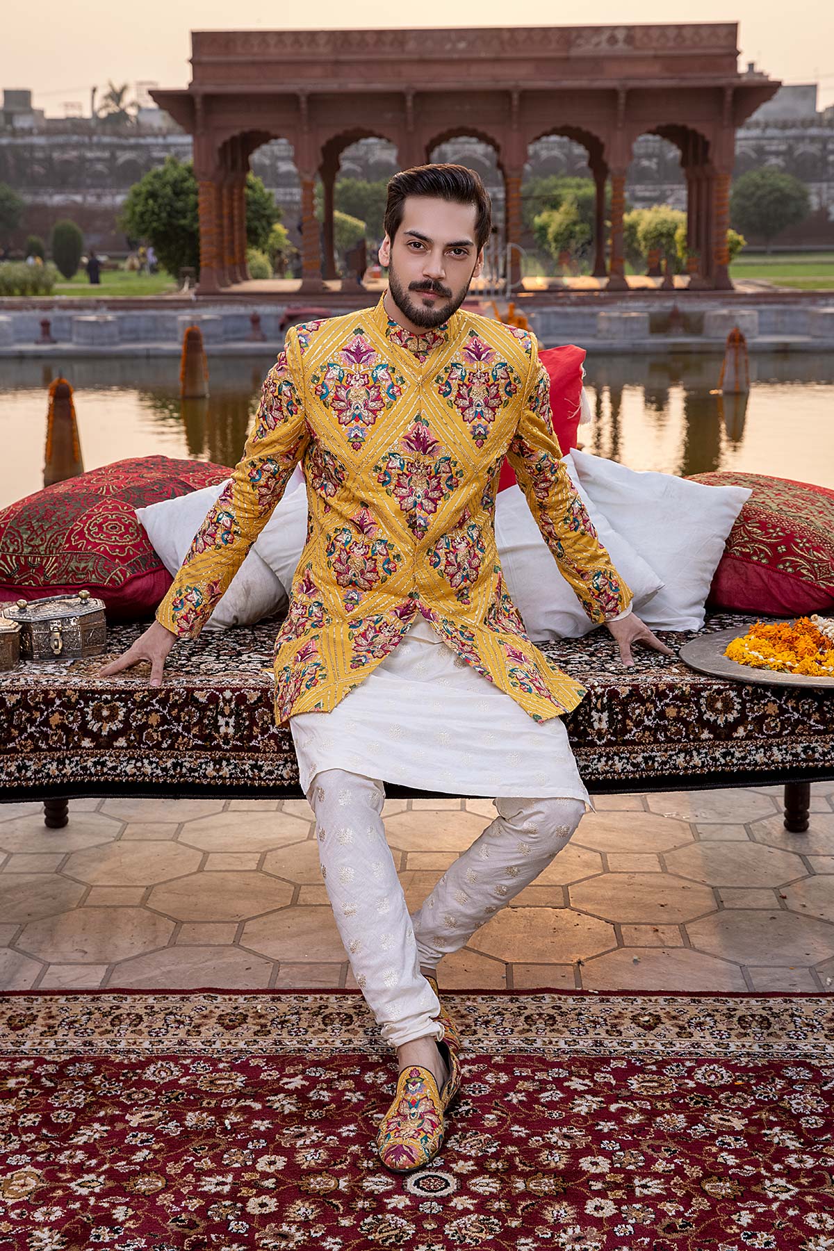 Mustard Tilla Resham Silk Short Sherwani (2-Piece) - Image 2