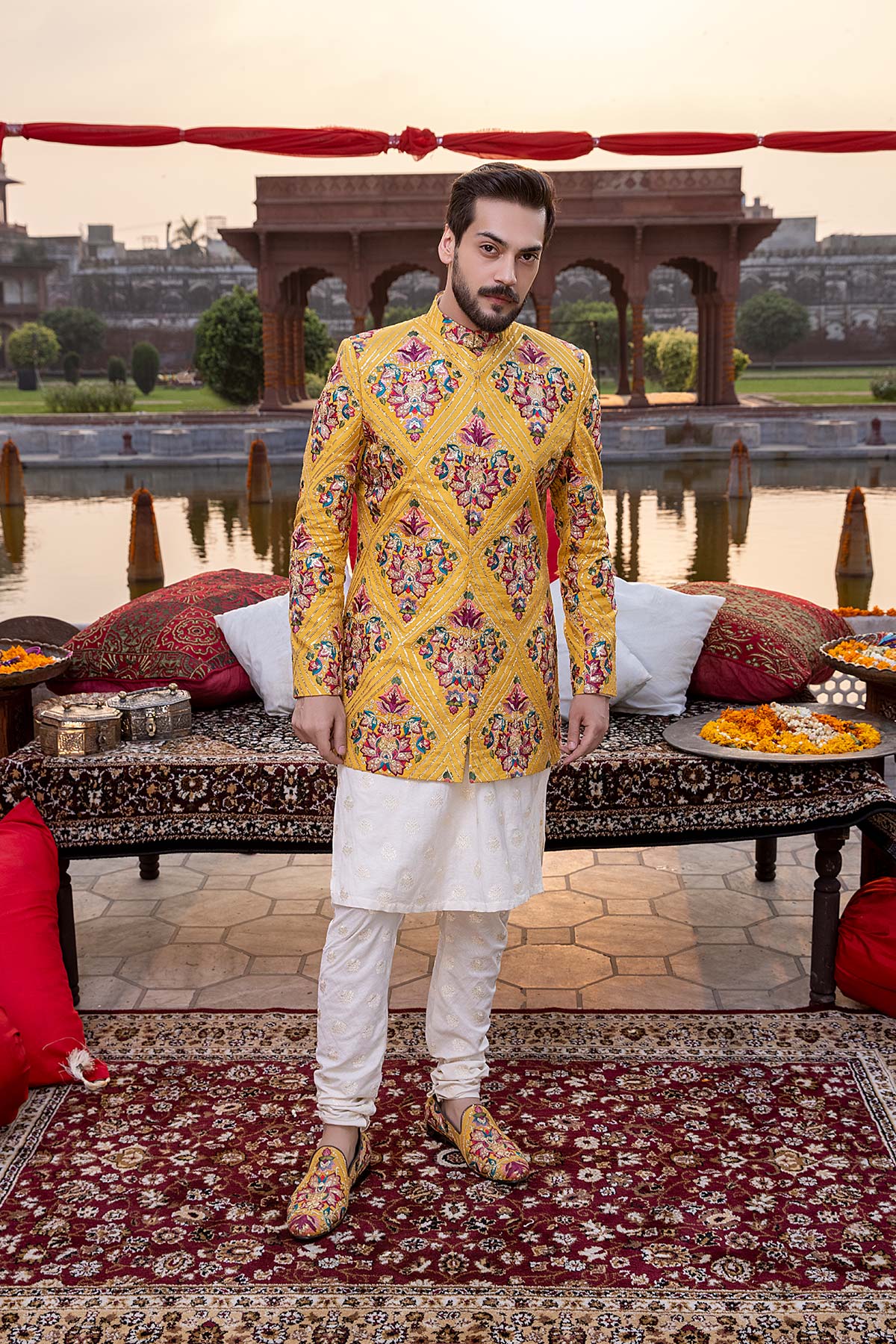 Mustard Tilla Resham Silk Short Sherwani (2-Piece) - Image 3