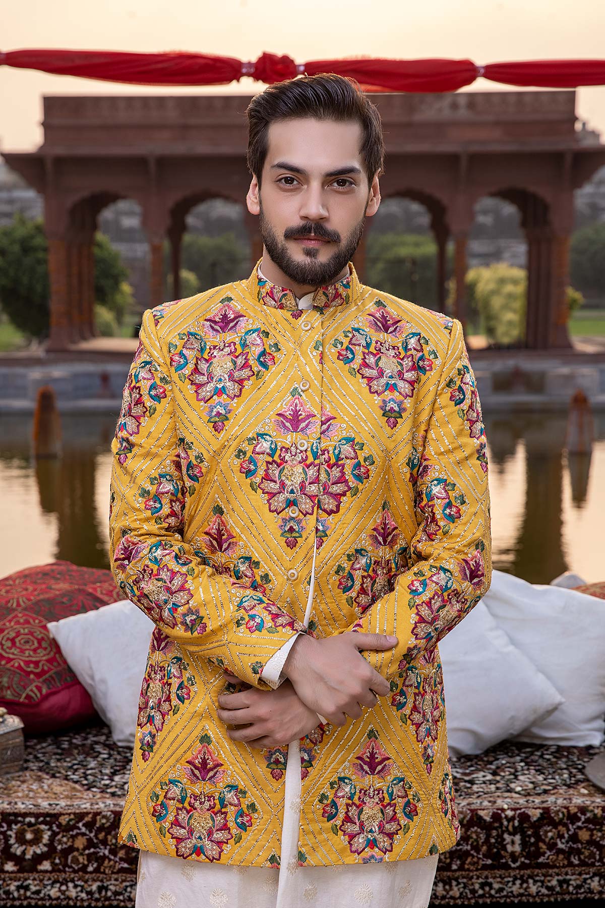 Mustard Tilla Resham Silk Short Sherwani (2-Piece) - Image 4