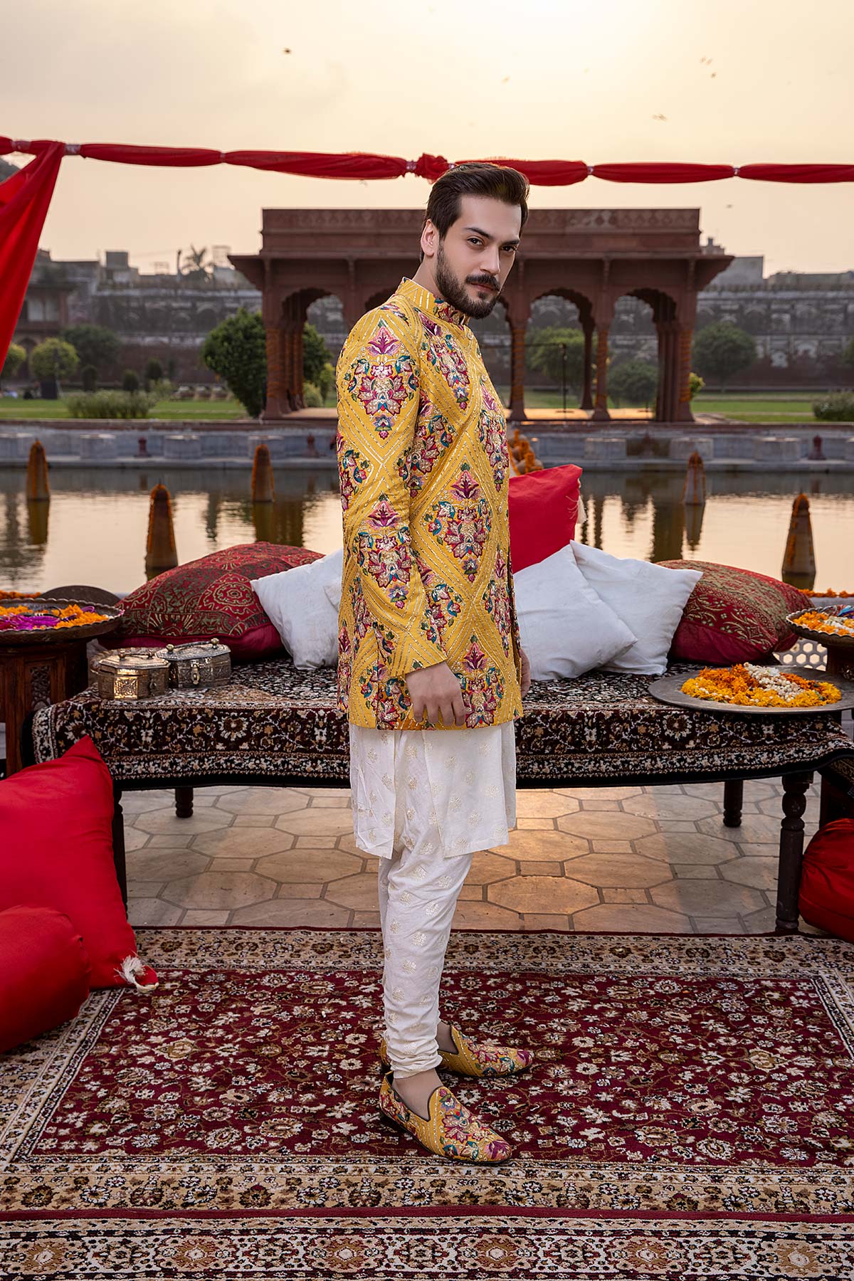 Mustard Tilla Resham Silk Short Sherwani (2-Piece) - Image 5