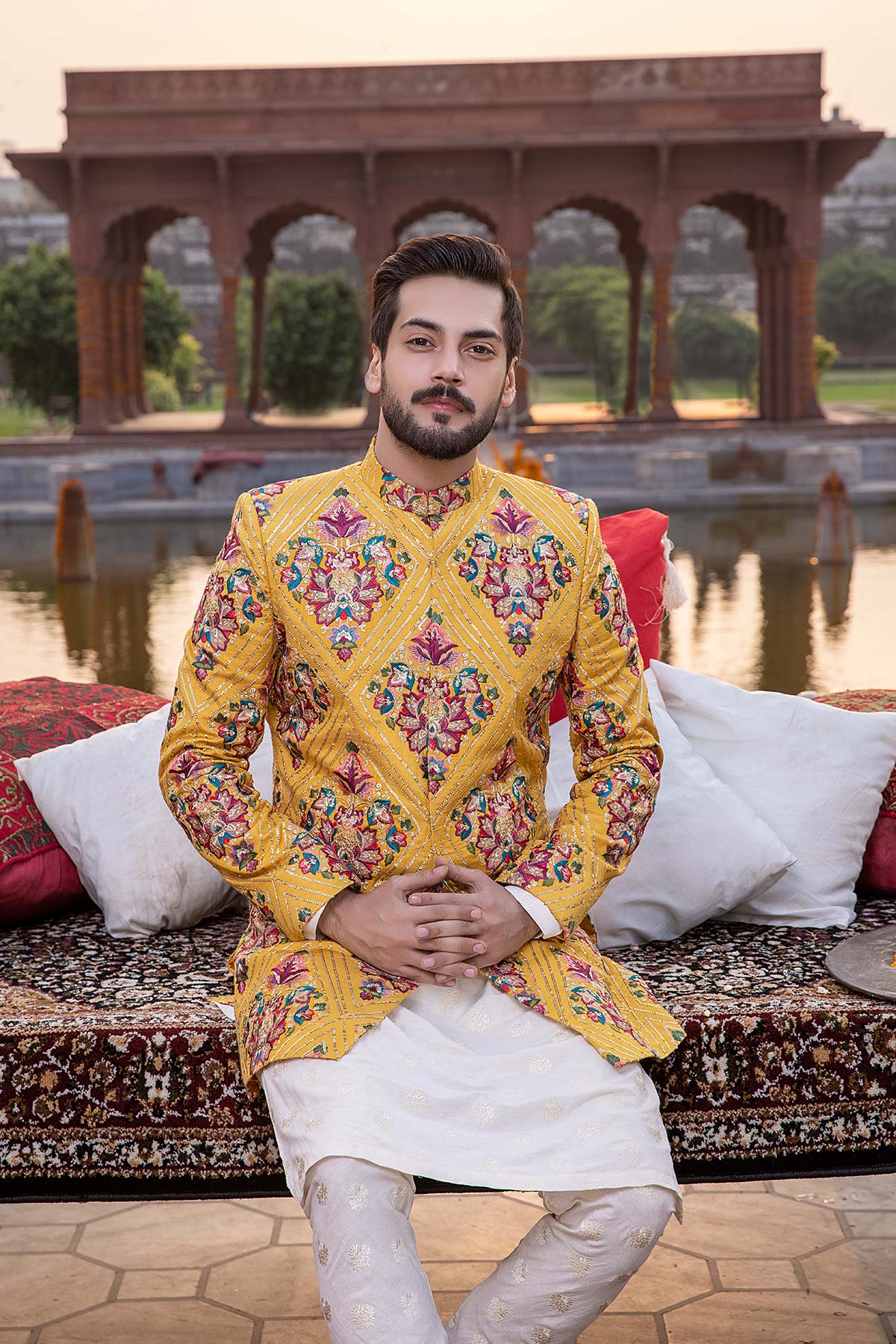 Mustard Tilla Resham Silk Short Sherwani (2-Piece) - Image 6