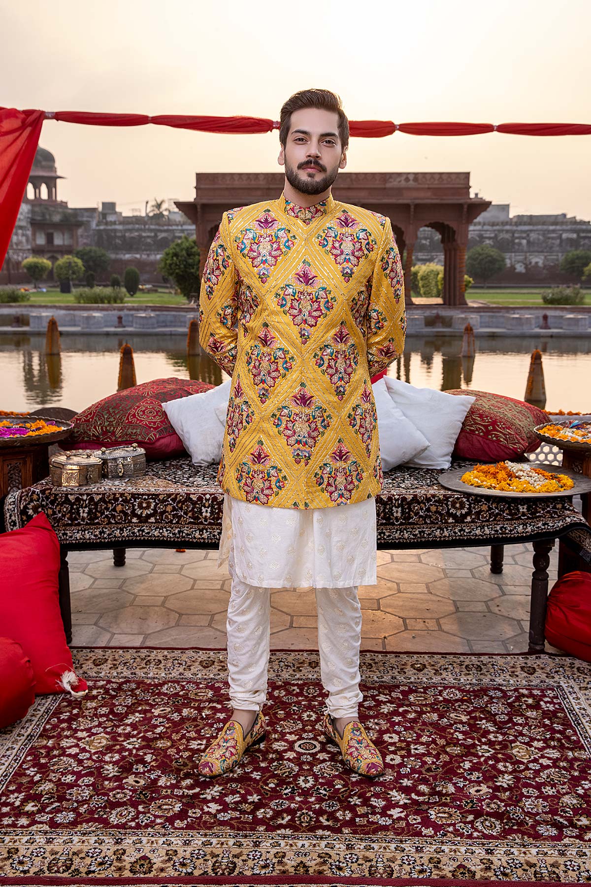 Mustard Tilla Resham Silk Short Sherwani (2-Piece) - Image 7