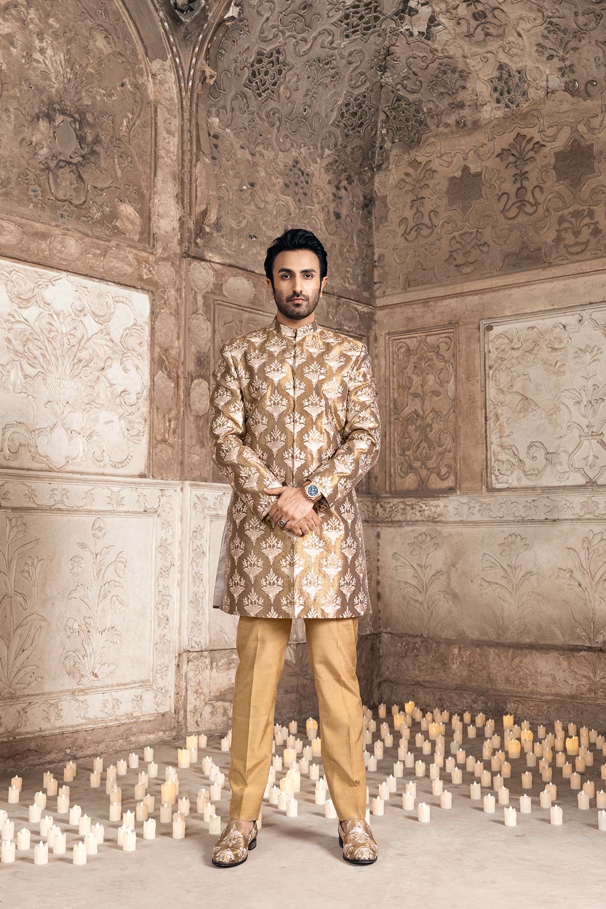 Antique Gold Resham Boti Silk Sherwani (2-Piece) - Image 1