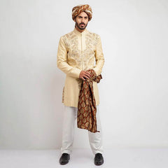 Light Gold Embroidered Merino Wool-Silk Achkan Sherwani (3-Piece) - Image 2