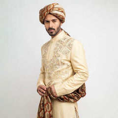 Light Gold Embroidered Merino Wool-Silk Achkan Sherwani (3-Piece) - Image 3