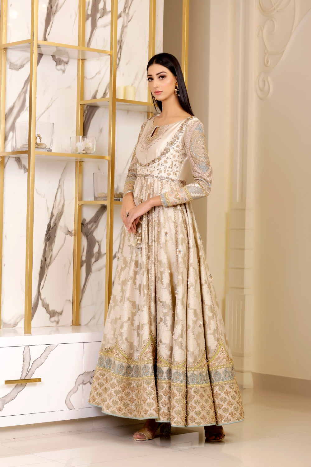 Gold Embroidered Brocade Anarkali Gown (1-Pc) - Image 1
