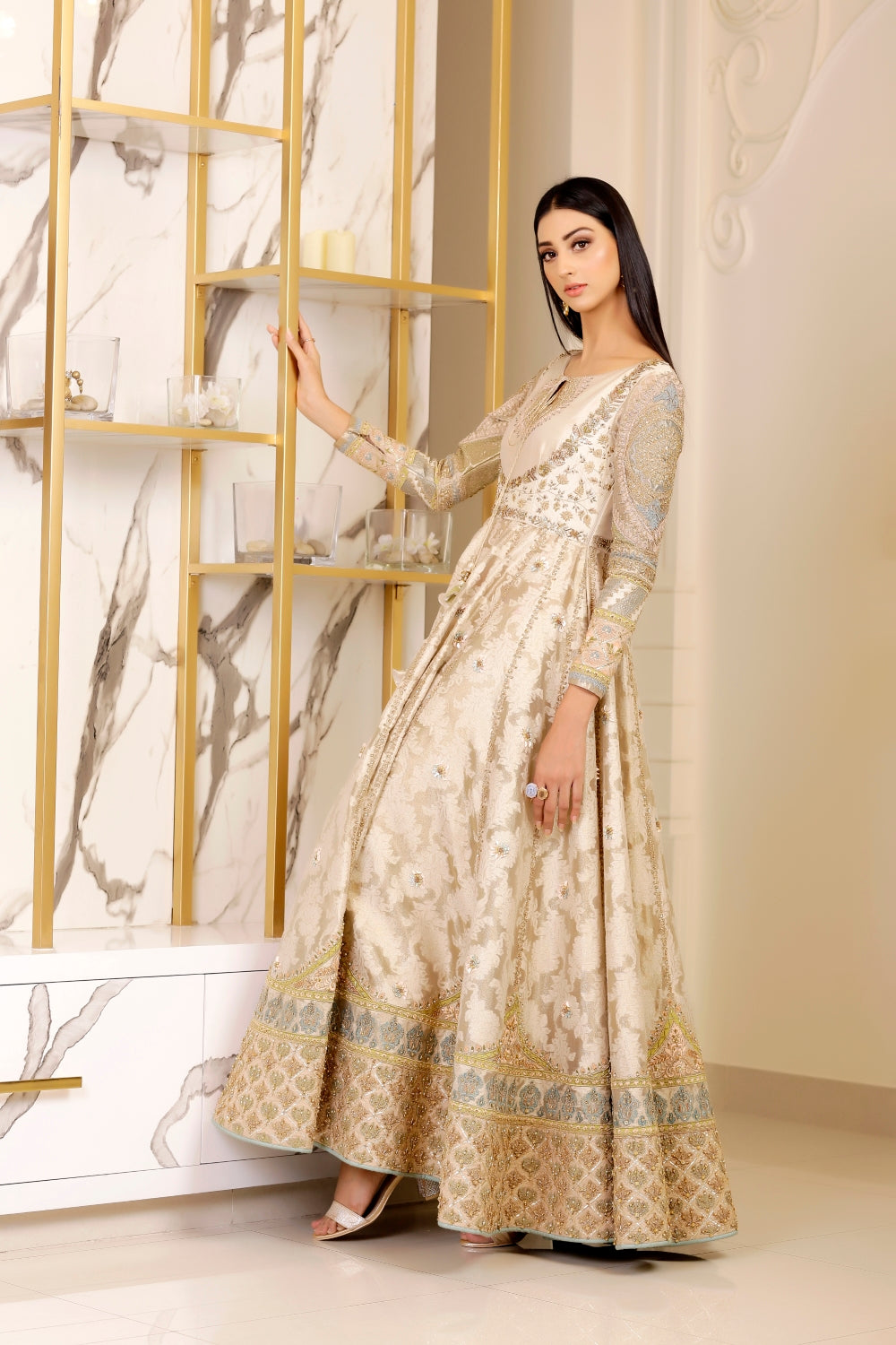 Gold Embroidered Brocade Anarkali Gown (1-Pc) - Image 2