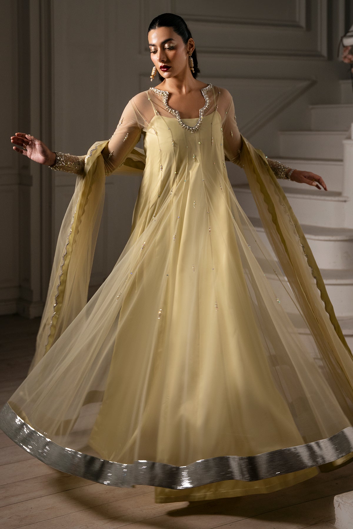 Pakistani Pale Gold Embellished Net Charmeuse Anarkali Dress (2-Piece) - Image 1