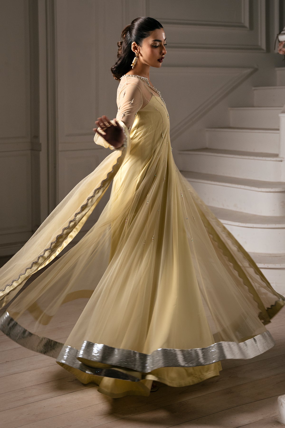 Pakistani Pale Gold Embellished Net Charmeuse Anarkali Dress (2-Piece) - Image 2