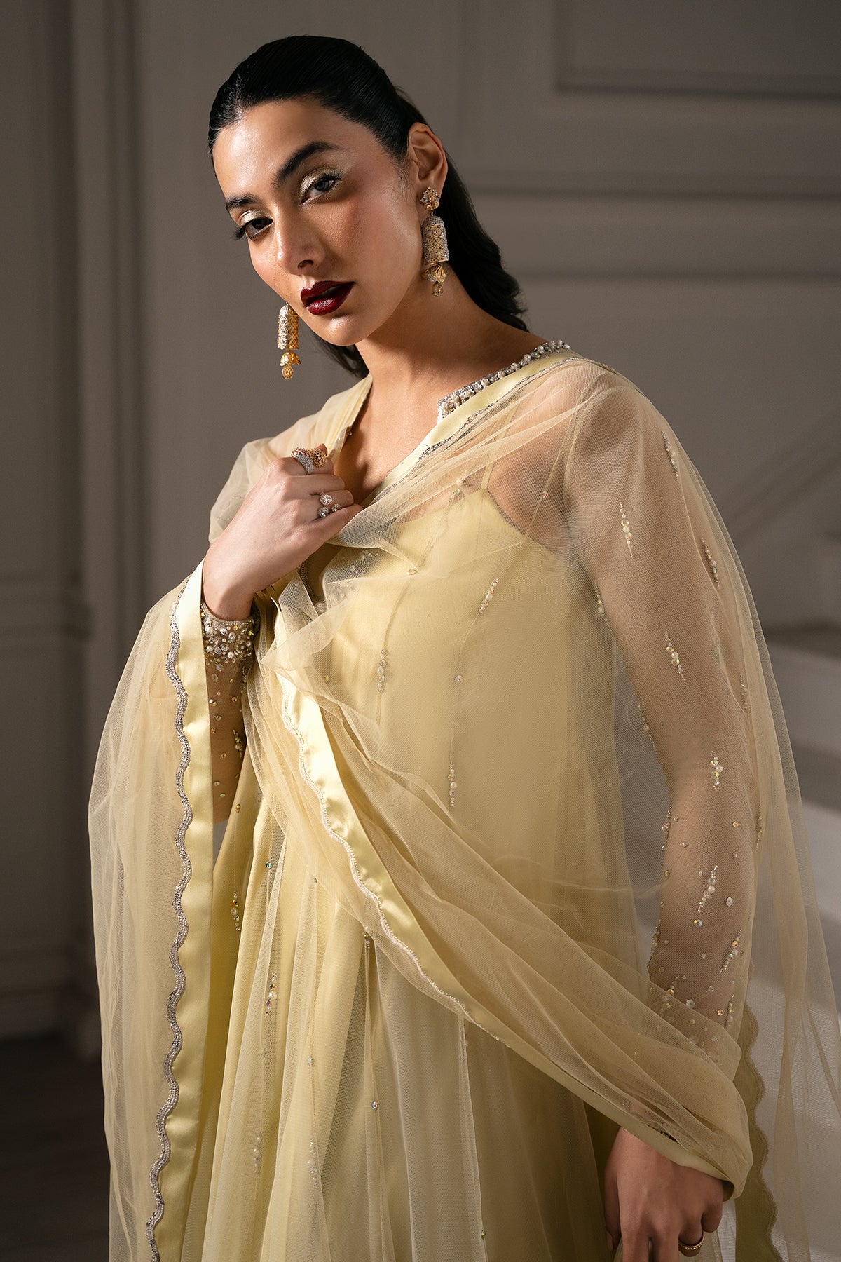 Pakistani Pale Gold Embellished Net Charmeuse Anarkali Dress (2-Piece) - Image 3