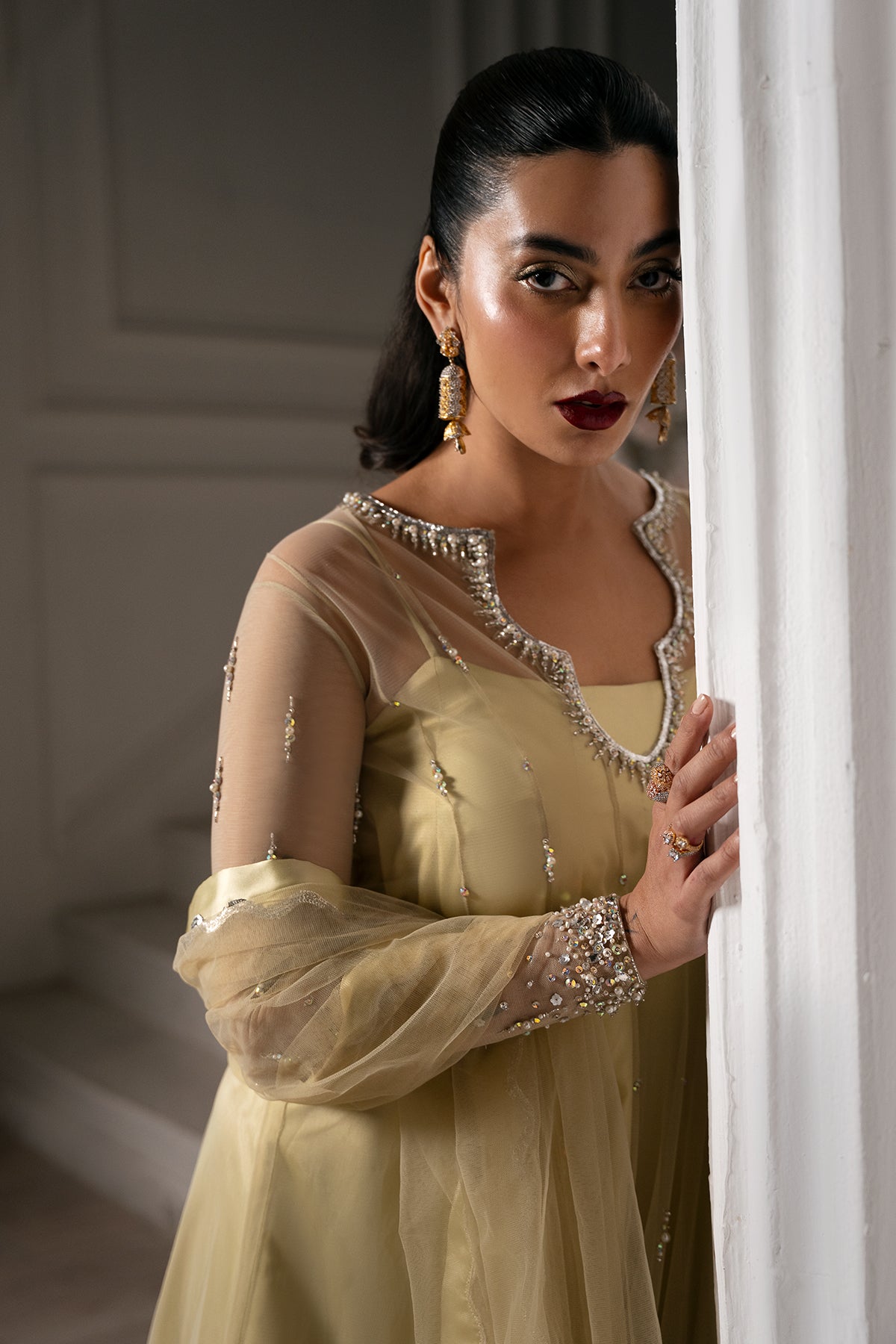 Pakistani Pale Gold Embellished Net Charmeuse Anarkali Dress (2-Piece) - Image 4