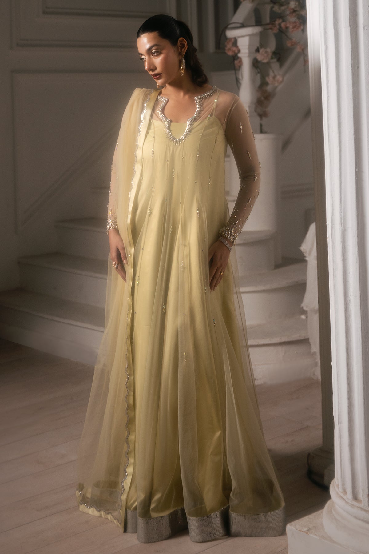 Pakistani Pale Gold Embellished Net Charmeuse Anarkali Dress (2-Piece) - Image 5