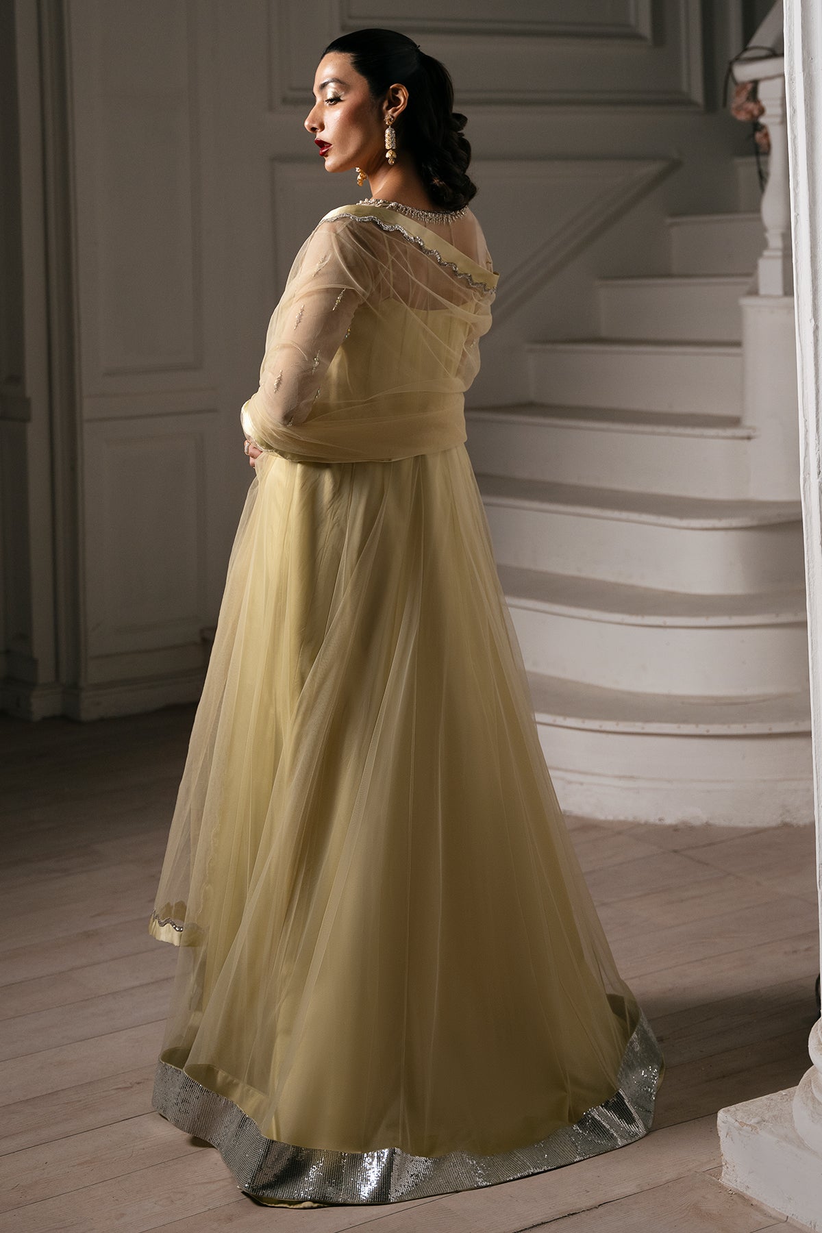 Pakistani Pale Gold Embellished Net Charmeuse Anarkali Dress (2-Piece) - Image 6