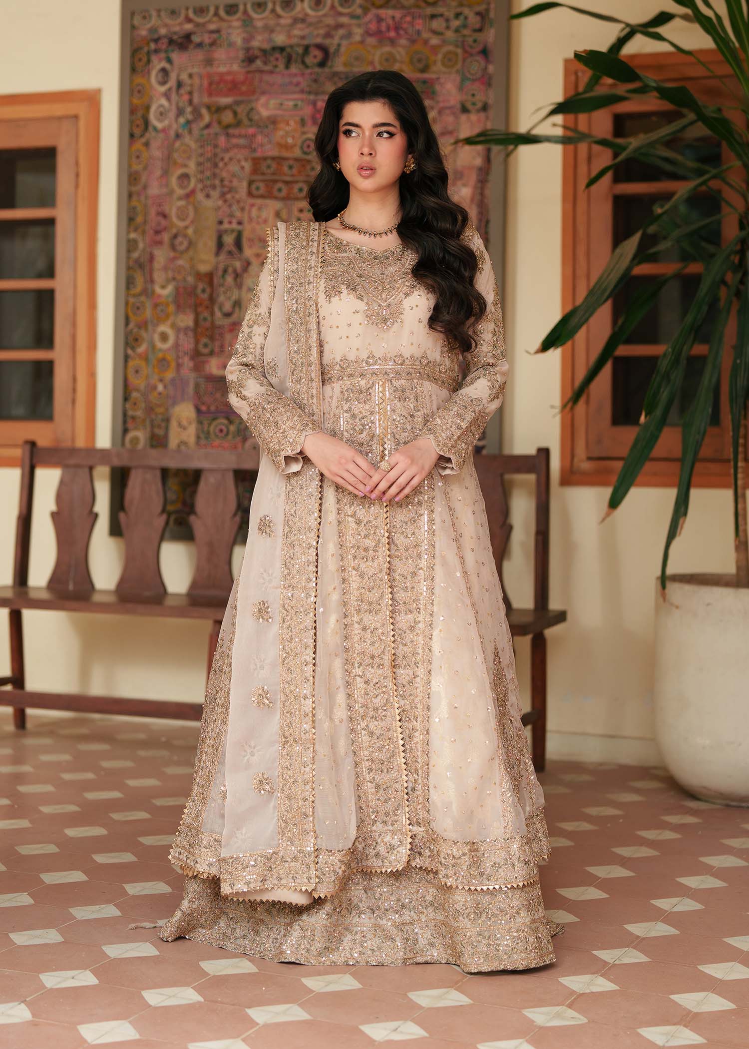Pakistani Gold Embroidered Chiffon Anarkali Dress (2-Piece) - Image 1