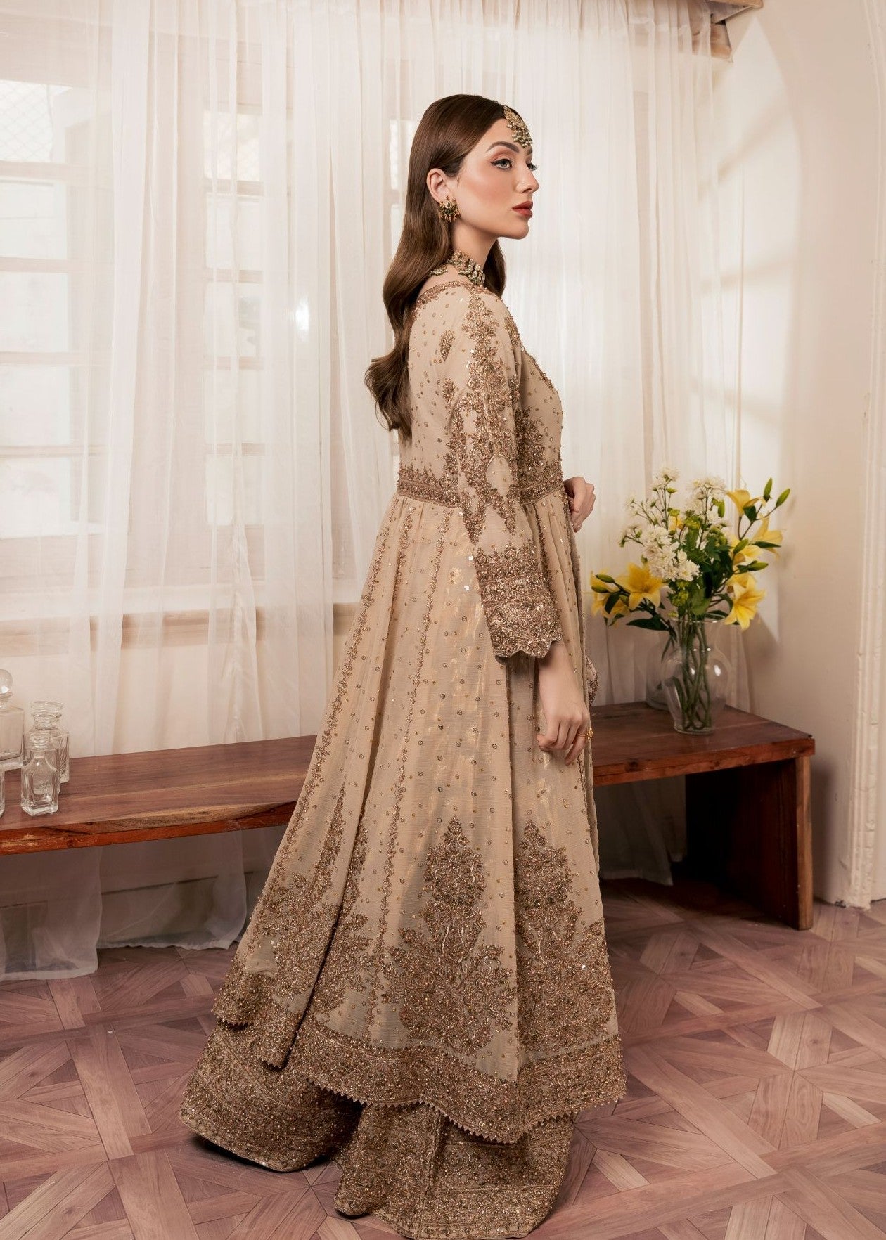 Pakistani Gold Embroidered Chiffon Anarkali Dress (2-Piece) - Image 11