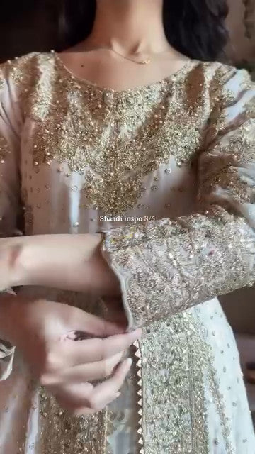 Pakistani Gold Embroidered Chiffon Anarkali Dress (2-Piece) - Image 13