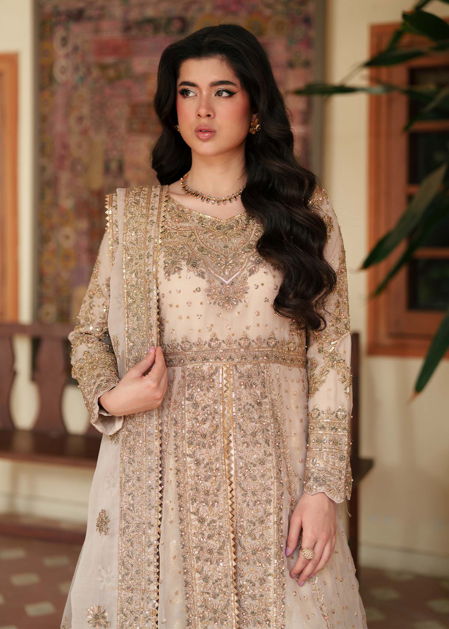 Pakistani Gold Embroidered Chiffon Anarkali Dress (2-Piece) - Image 2