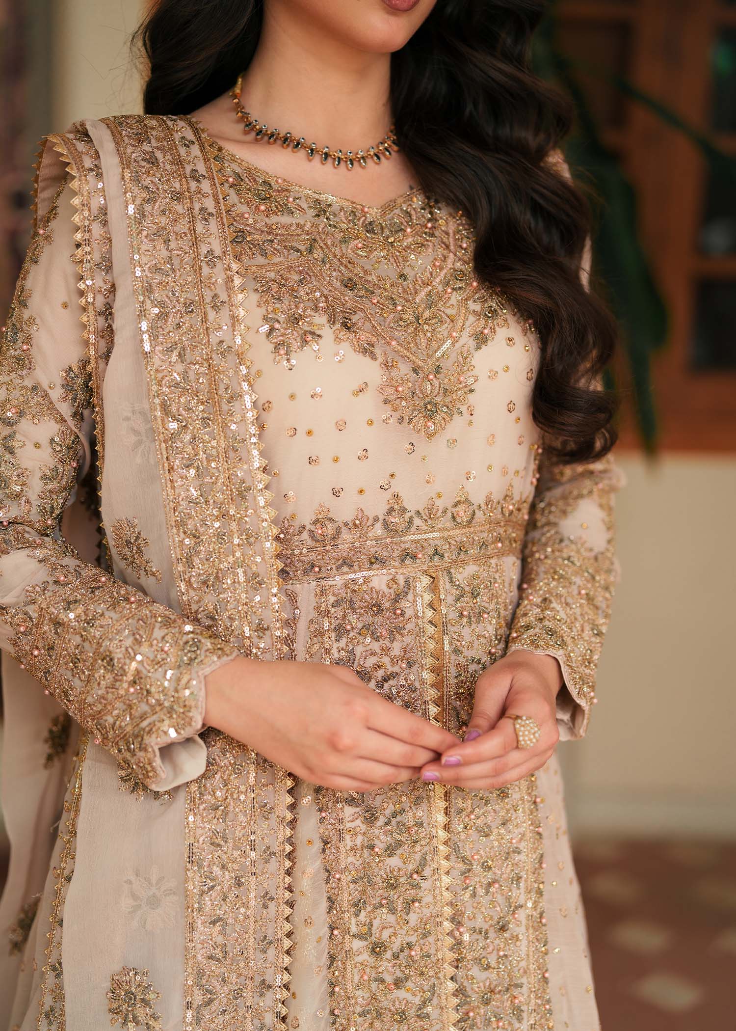 Pakistani Gold Embroidered Chiffon Anarkali Dress (2-Piece) - Image 3