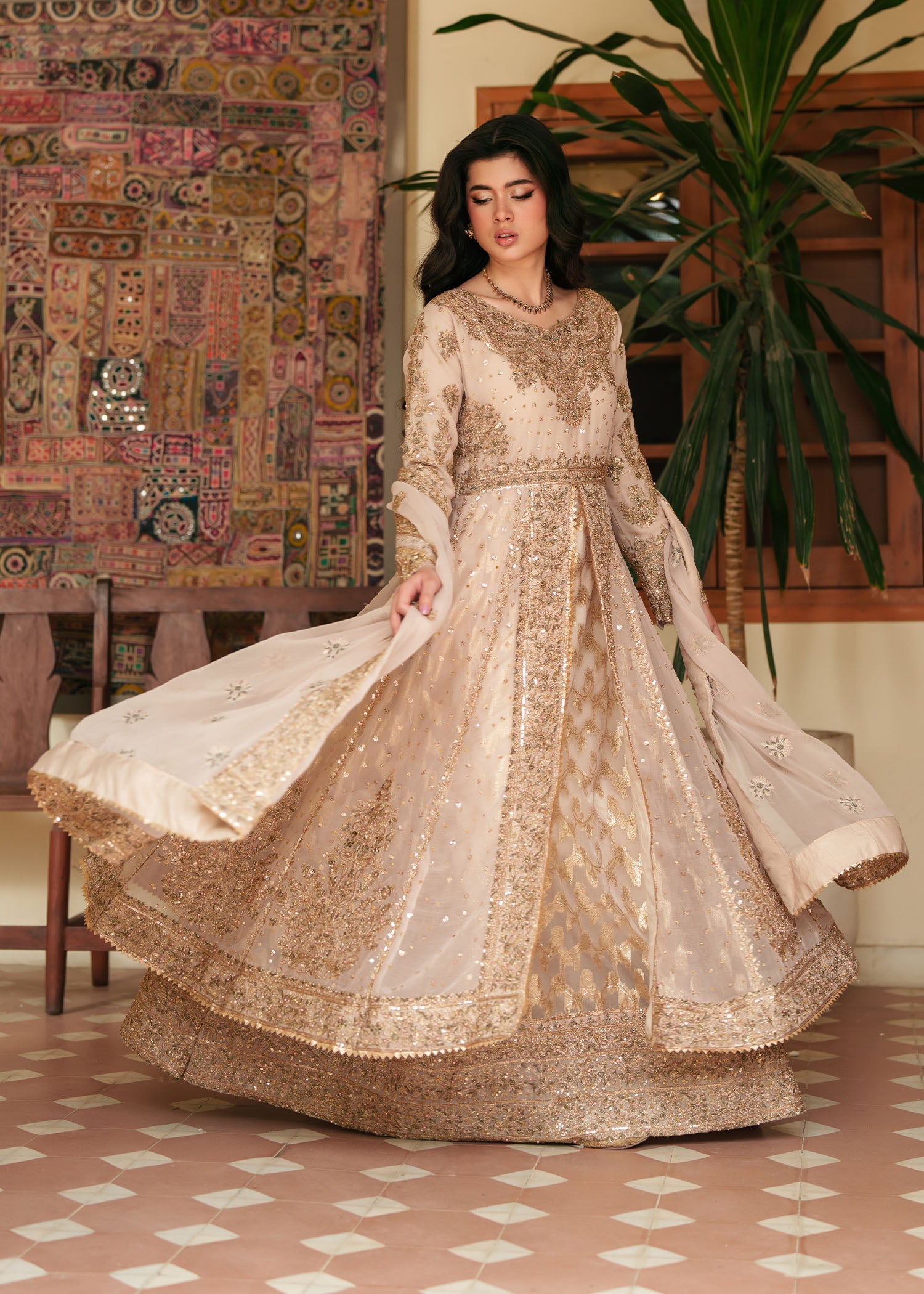 Pakistani Gold Embroidered Chiffon Anarkali Dress (2-Piece) - Image 4