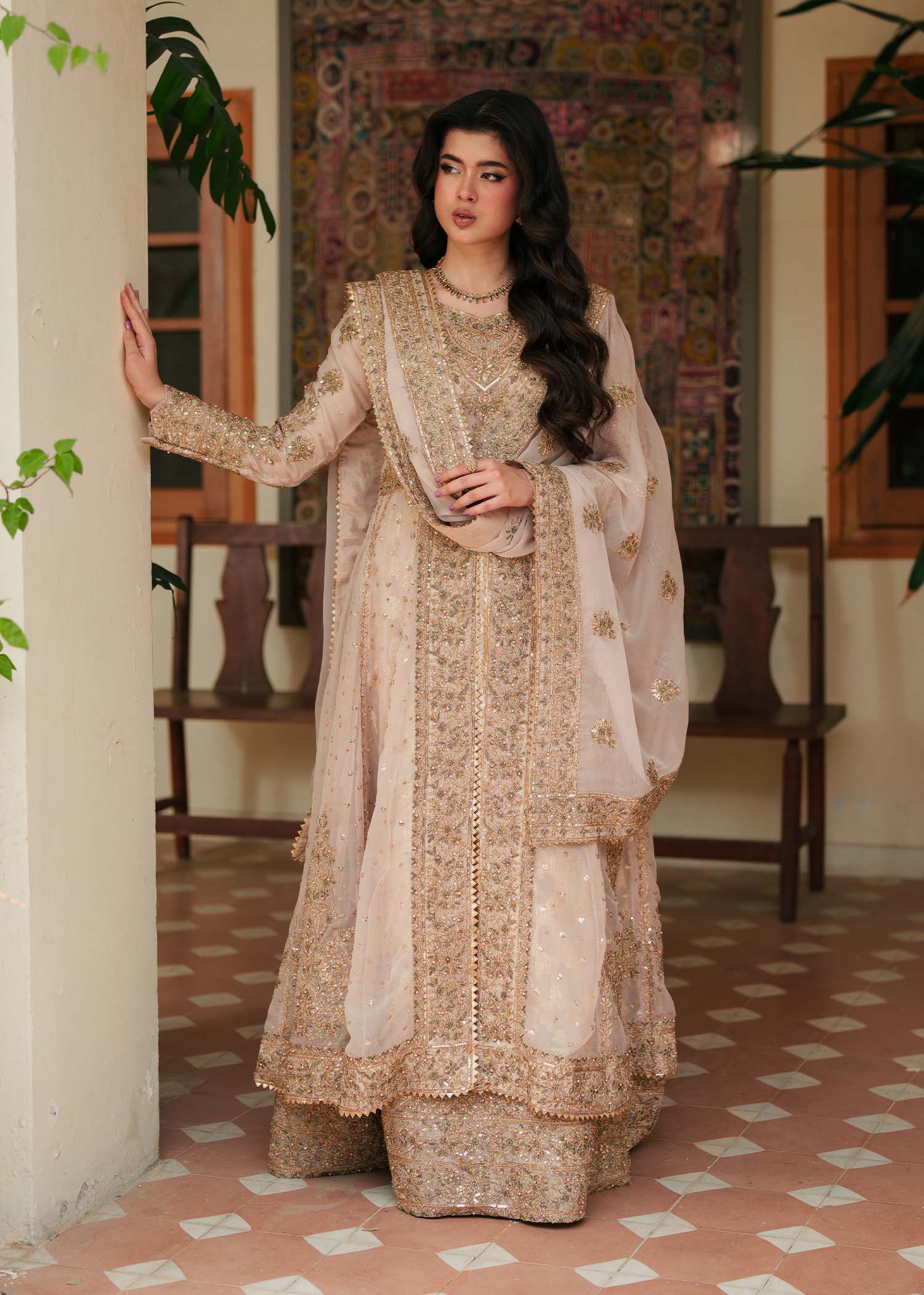 Pakistani Gold Embroidered Chiffon Anarkali Dress (2-Piece) - Image 5