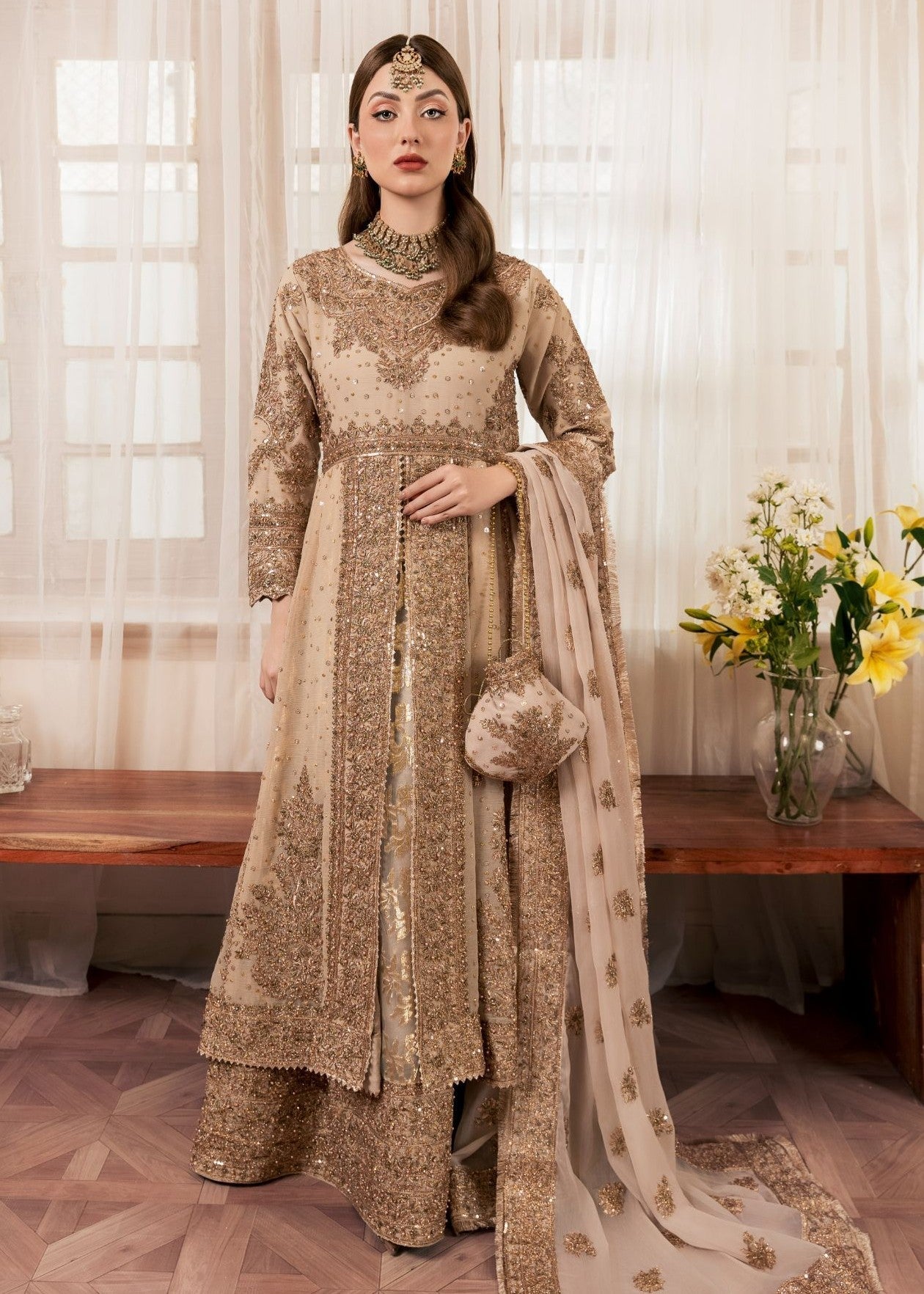 Pakistani Gold Embroidered Chiffon Anarkali Dress (2-Piece) - Image 7