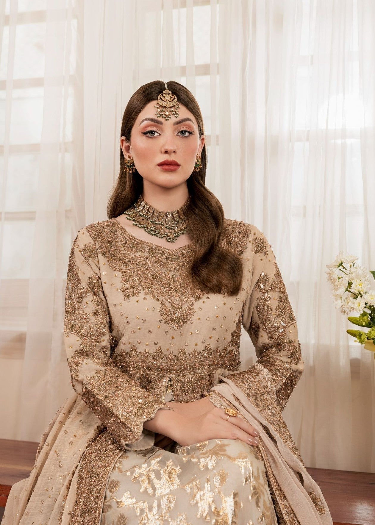 Pakistani Gold Embroidered Chiffon Anarkali Dress (2-Piece) - Image 8