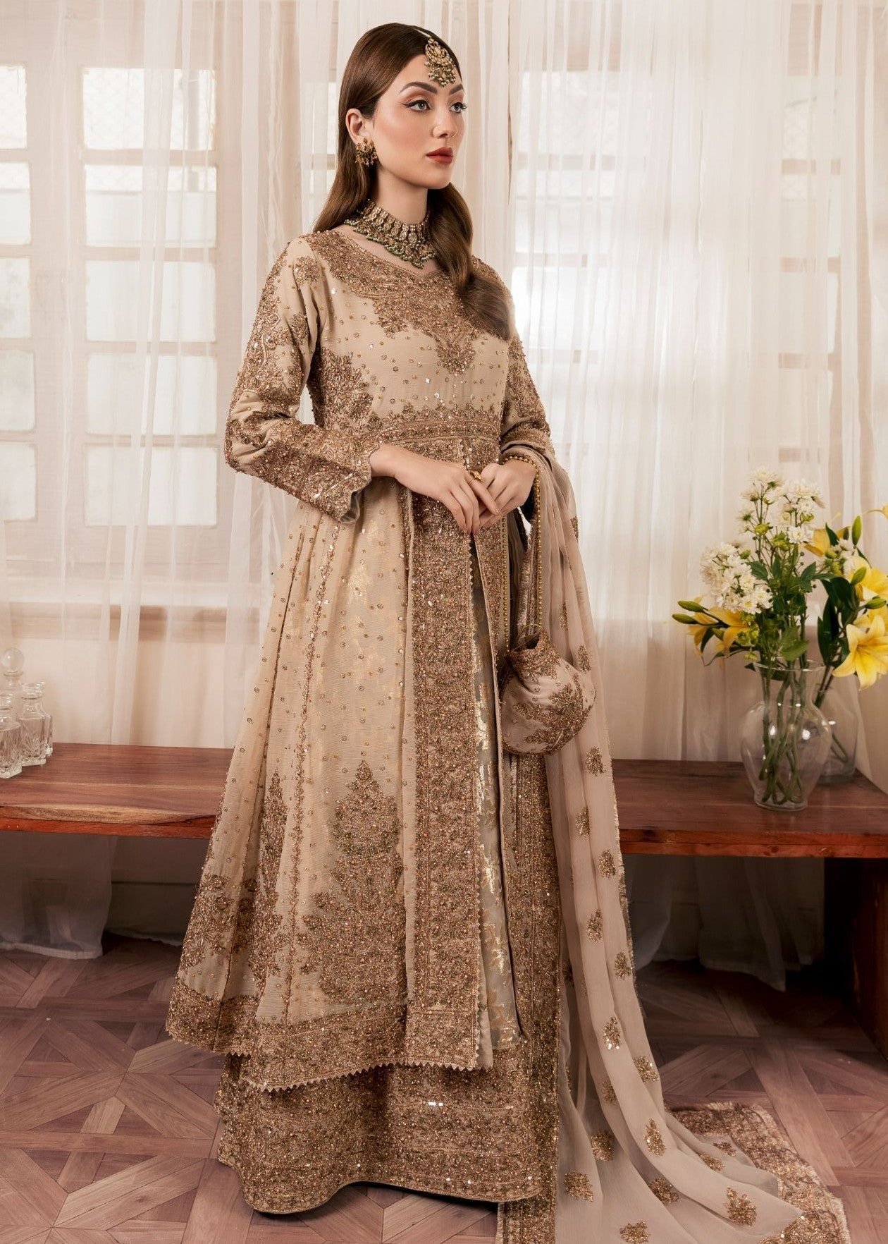 Pakistani Gold Embroidered Chiffon Anarkali Dress (2-Piece) - Image 9