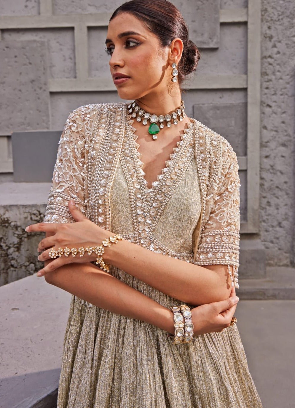 Pakistani Champagne Gold Embroidered Crush Shimmer Anarkali (2-Piece) - Image 2