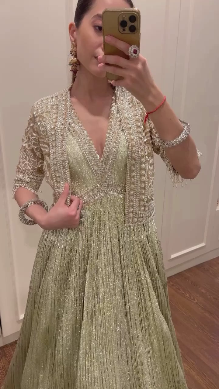 Pakistani Champagne Gold Embroidered Crush Shimmer Anarkali (2-Piece) - Image 3