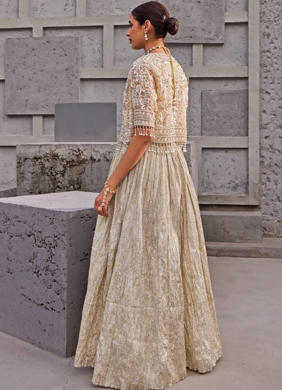 Pakistani Champagne Gold Embroidered Crush Shimmer Anarkali (2-Piece) - Image 4